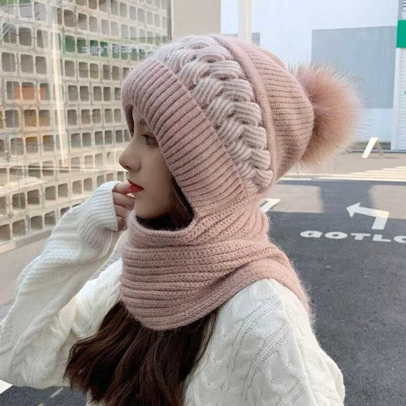 Women's Knitted Beanie with Pom-Pom Hood