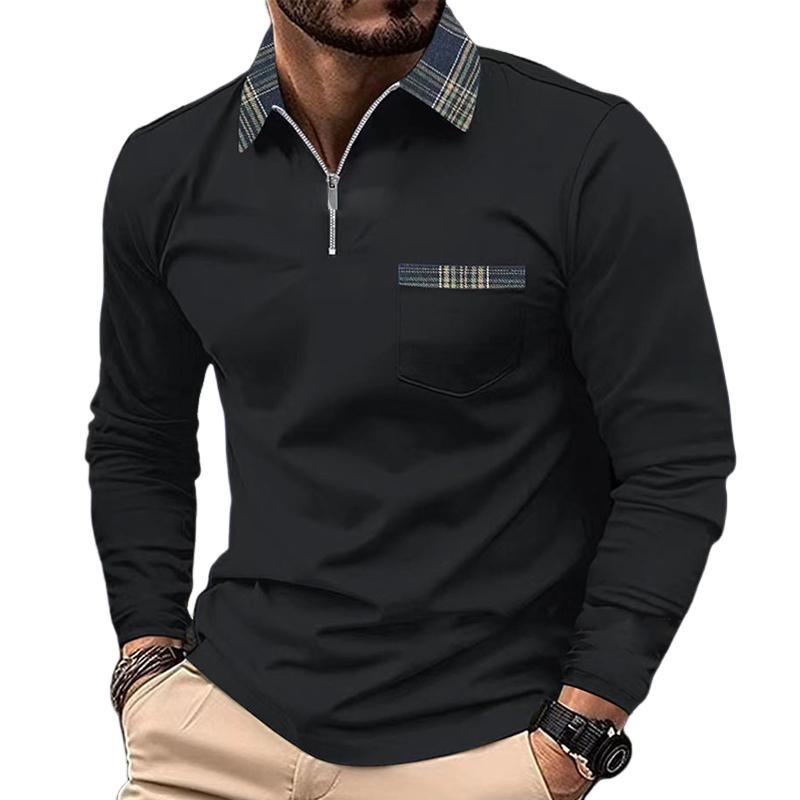 Plaid Stitched Zipper Collar Long Sleeve Polo Shirt